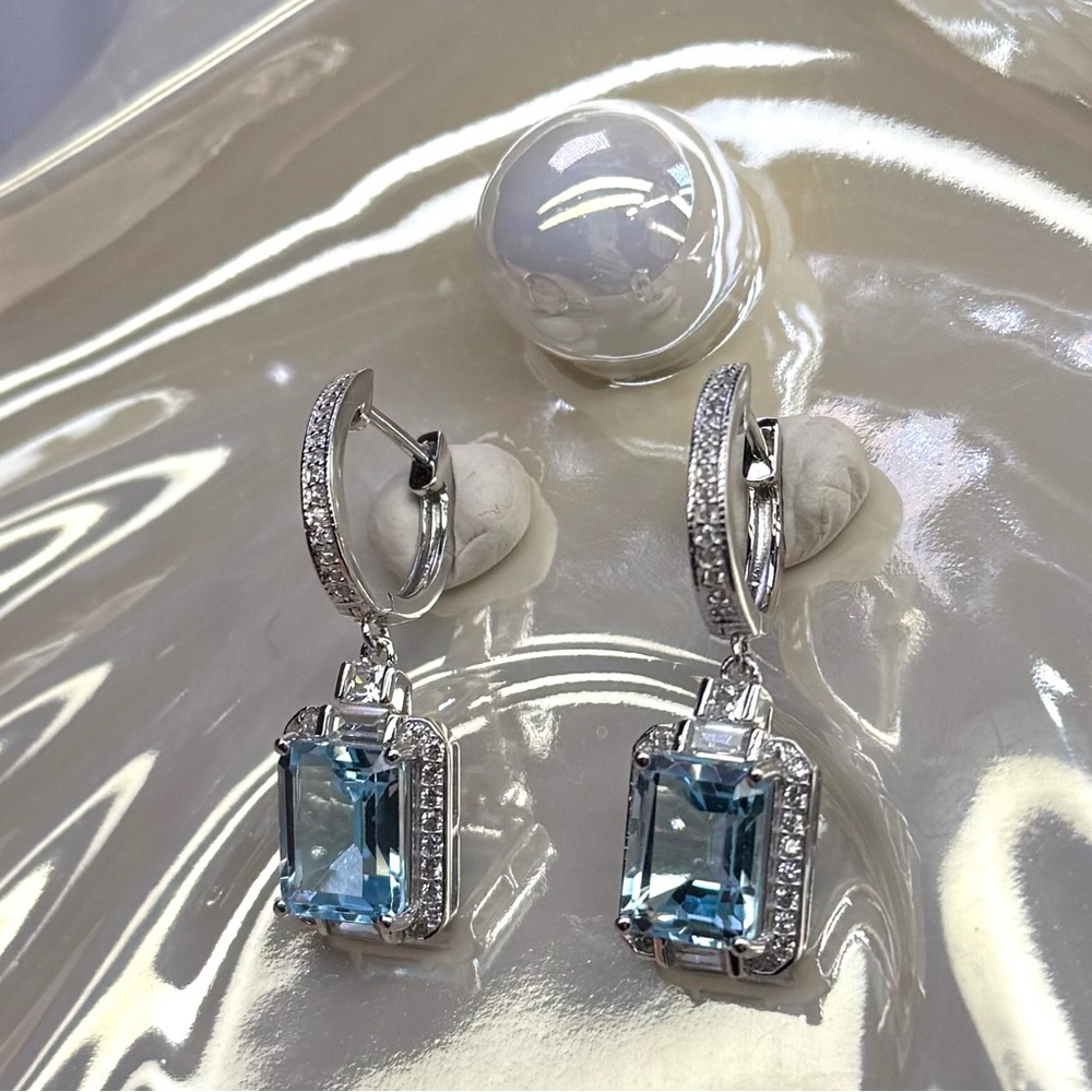 ET1 6.9CT Natural SWISS Blue Topaz Dangling Huggies Rhodium Sterling Silver S925 - Picture 5 of 6